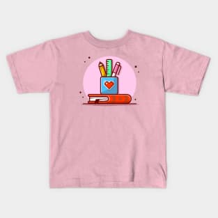 Stationery with Ruler, Pencil, Pen and Book Cartoon Vector Icon Illustration Kids T-Shirt